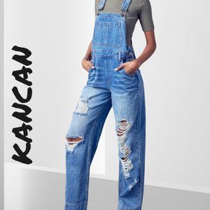 New Kan Can Distressed Denim Wide Leg Overalls‎